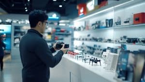 Homme regardant des drones en magasin