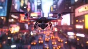 Drone survolant une avenue animée