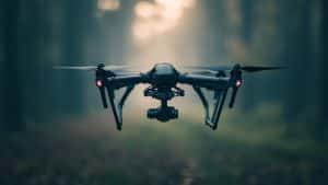 Drone dans une forêt brumeuse