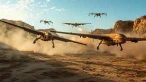Drones armés volant dans le désert