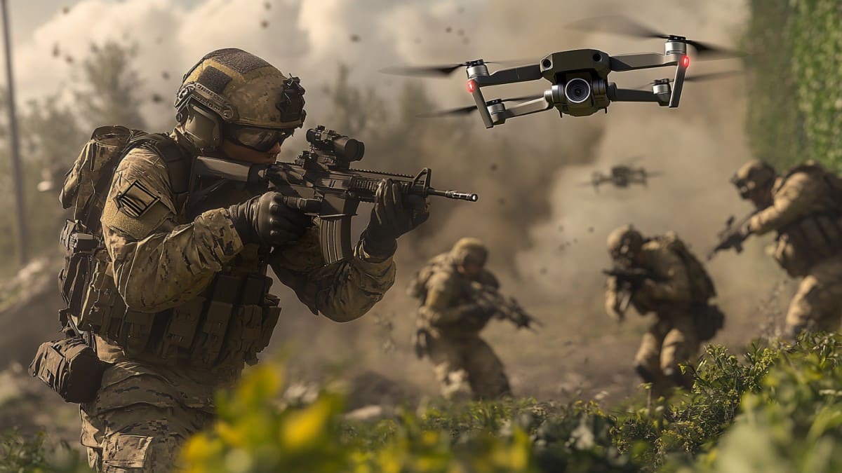 Soldats et drone en mission