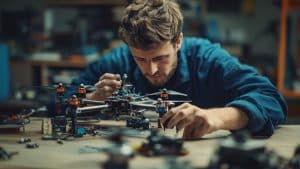 Technicien réglant un drone
