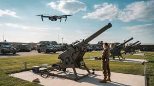 Soldat, drone et artillerie