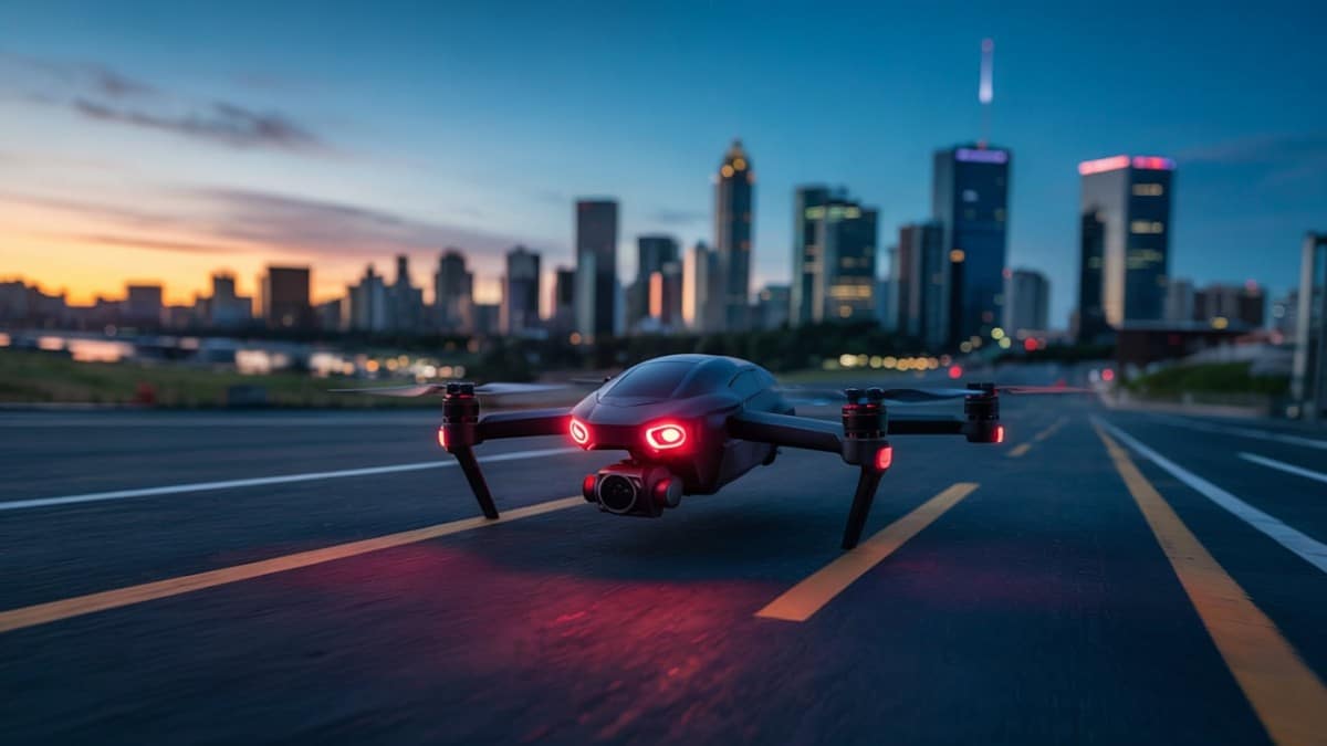 Drone sur route éclairée