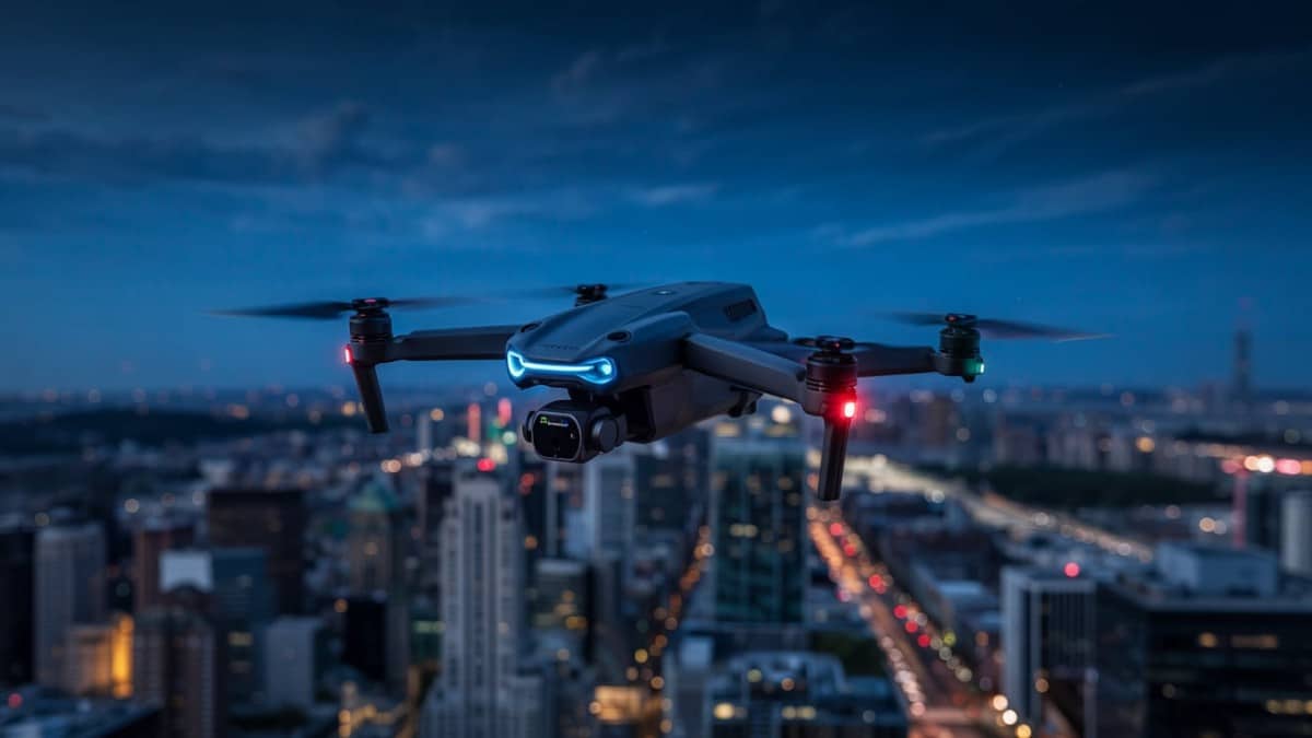 Drone volant au crépuscule urbain