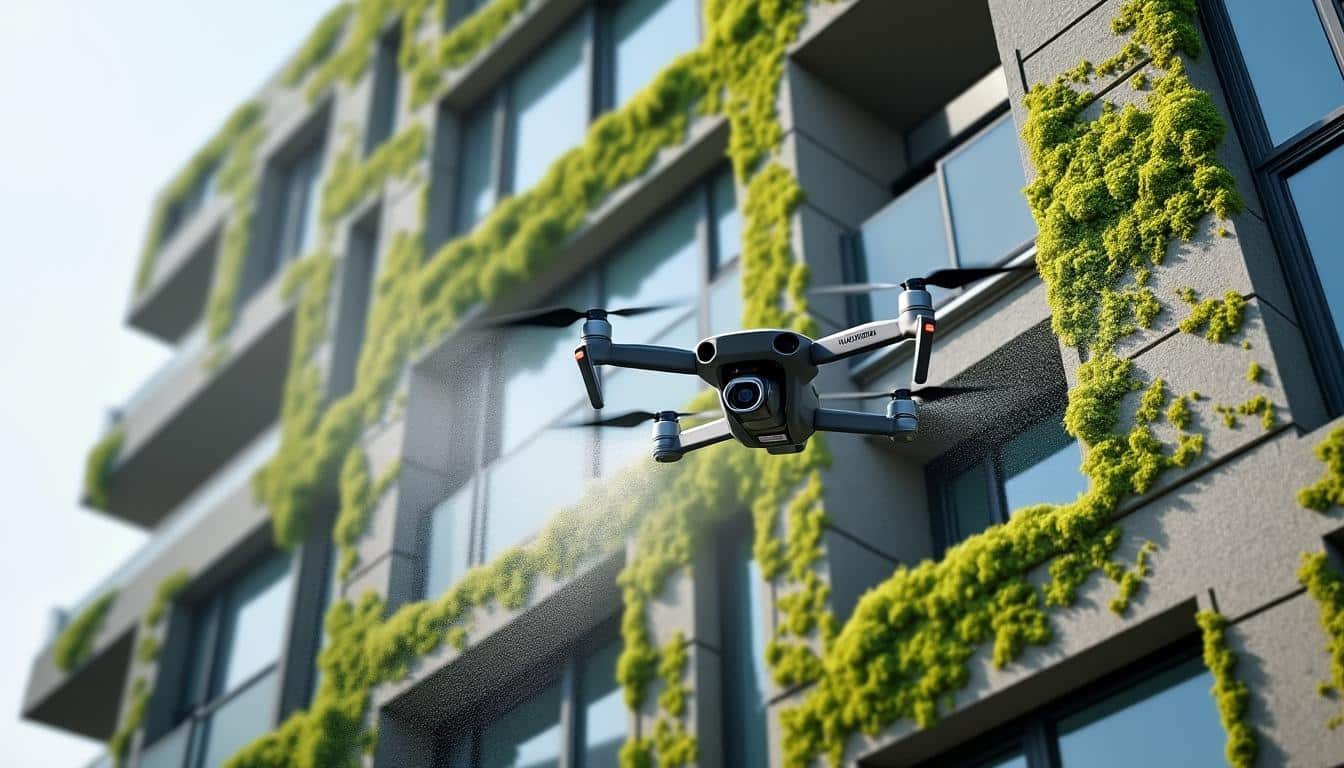 découvrez comment le nettoyage par drone associé à un pulvérisateur haute pression permet d'éliminer efficacement les mousses sur les façades, assurant un entretien rapide et écologique.