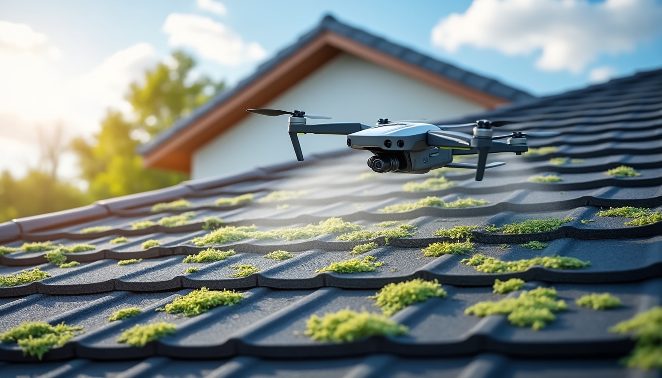 éradiquez efficacement les lichens incrustés sur votre toiture grâce à la solution fongicide innovante appliquée par drone, pour un nettoyage rapide et durable.