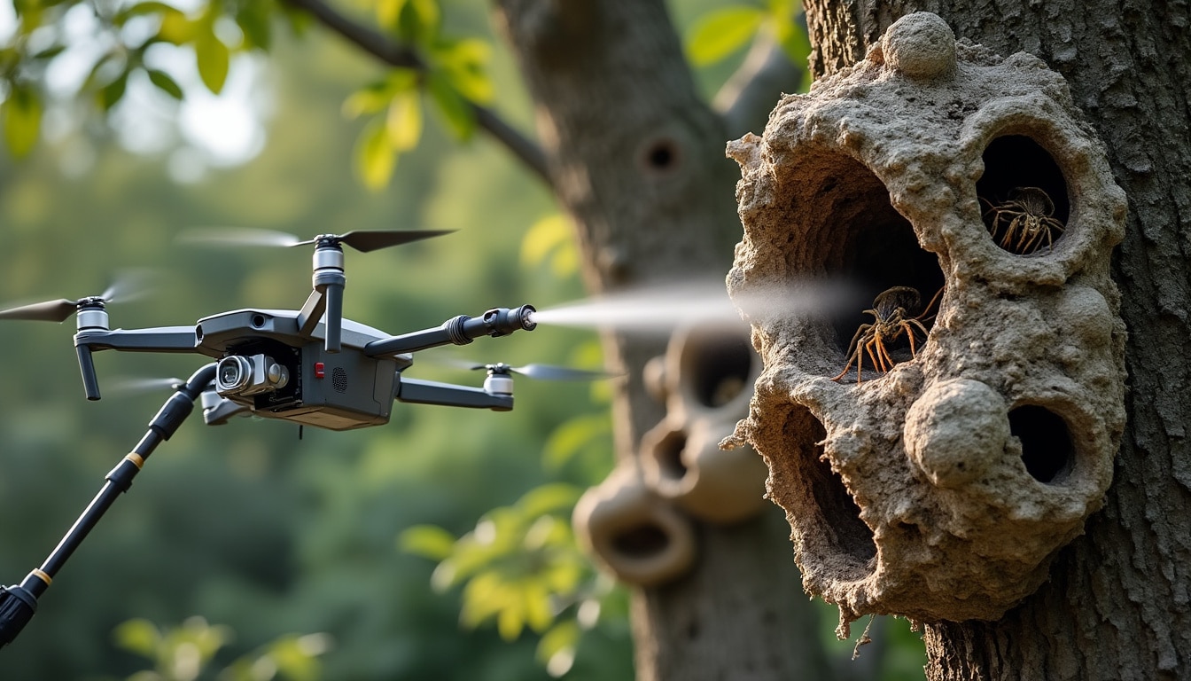 expert en neutralisation des nids de frelons asiatiques grâce à une technologie innovante utilisant un tuyau de nettoyage par drone pour une intervention rapide et sécurisée.