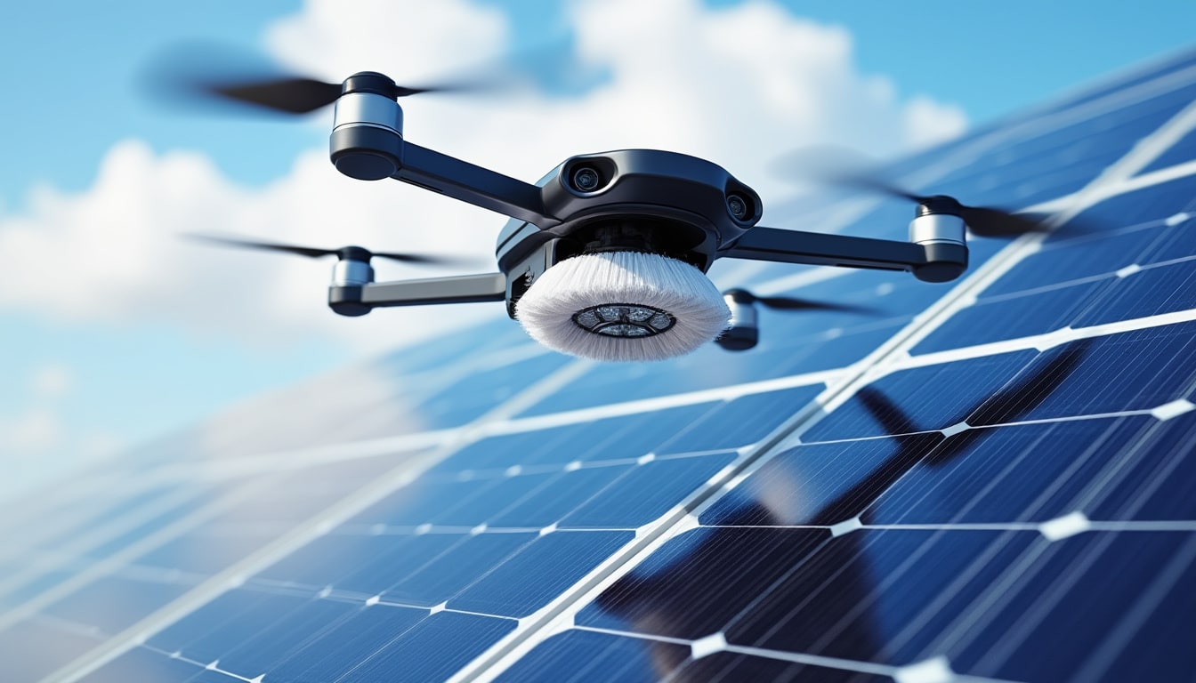 assurez la préservation optimale de vos panneaux solaires grâce à la brosse douce rotative de notre drone spécialisé en nettoyage de toiture, garantissant efficacité et sécurité.