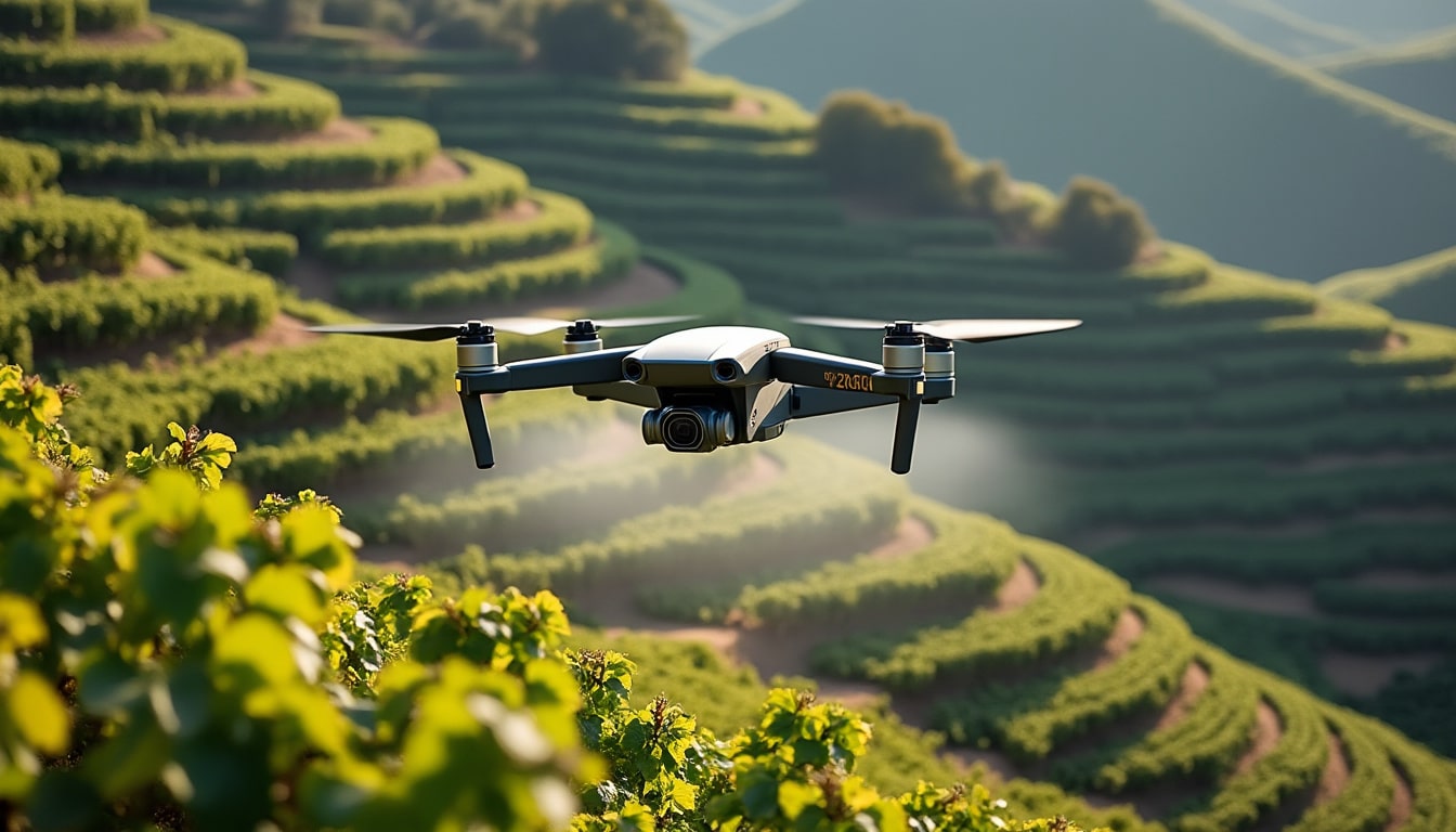 découvrez le survol sécurisé des vignes en coteaux escarpés grâce à la maniabilité précise de l'épandage par drone, alliant efficacité et respect de l'environnement.