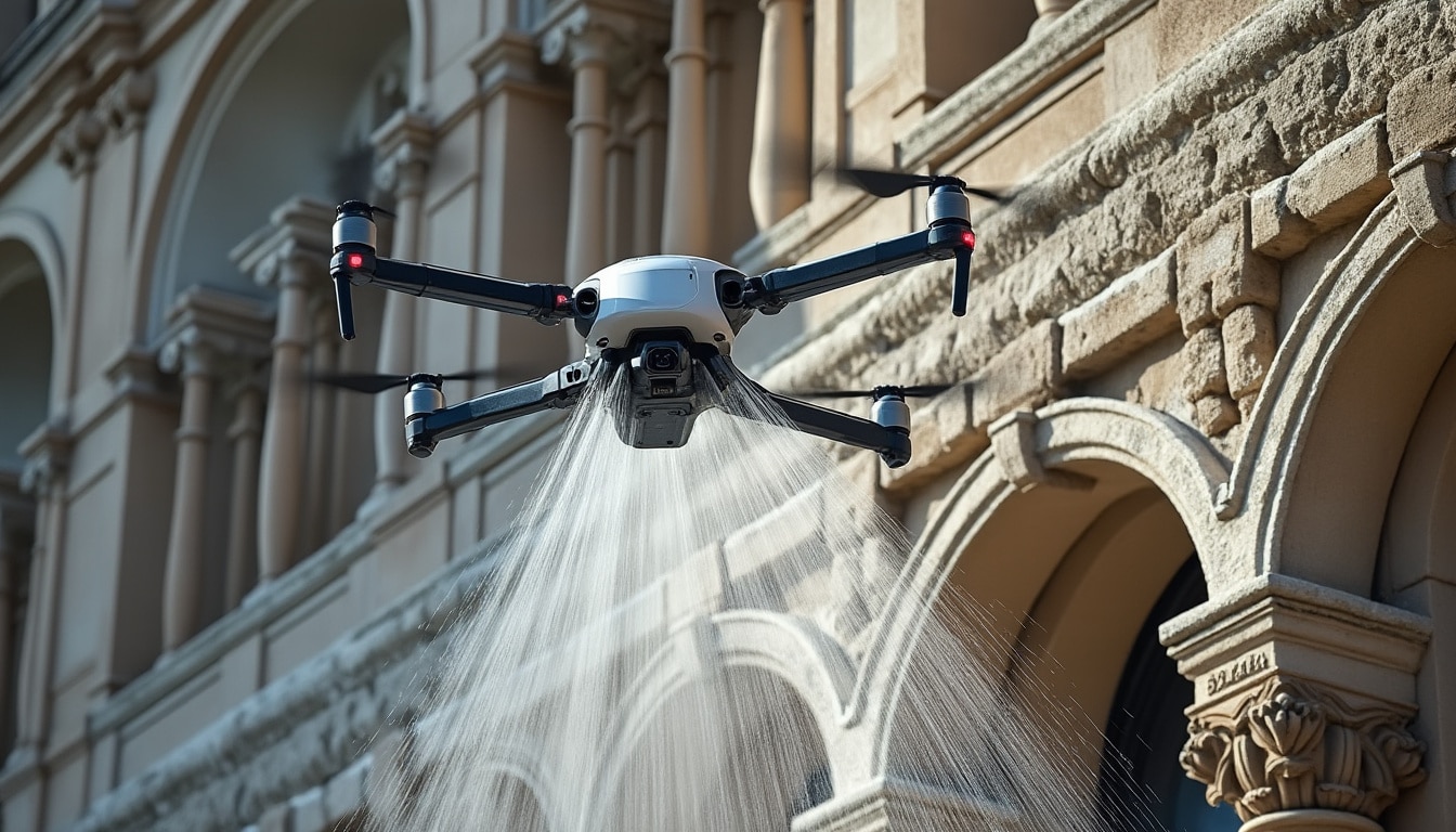 service innovant de décapage des fientes acides sur les façades de monuments historiques grâce à l'utilisation avancée de la lance de nettoyage par drone, garantissant un entretien précis et respectueux du patrimoine.