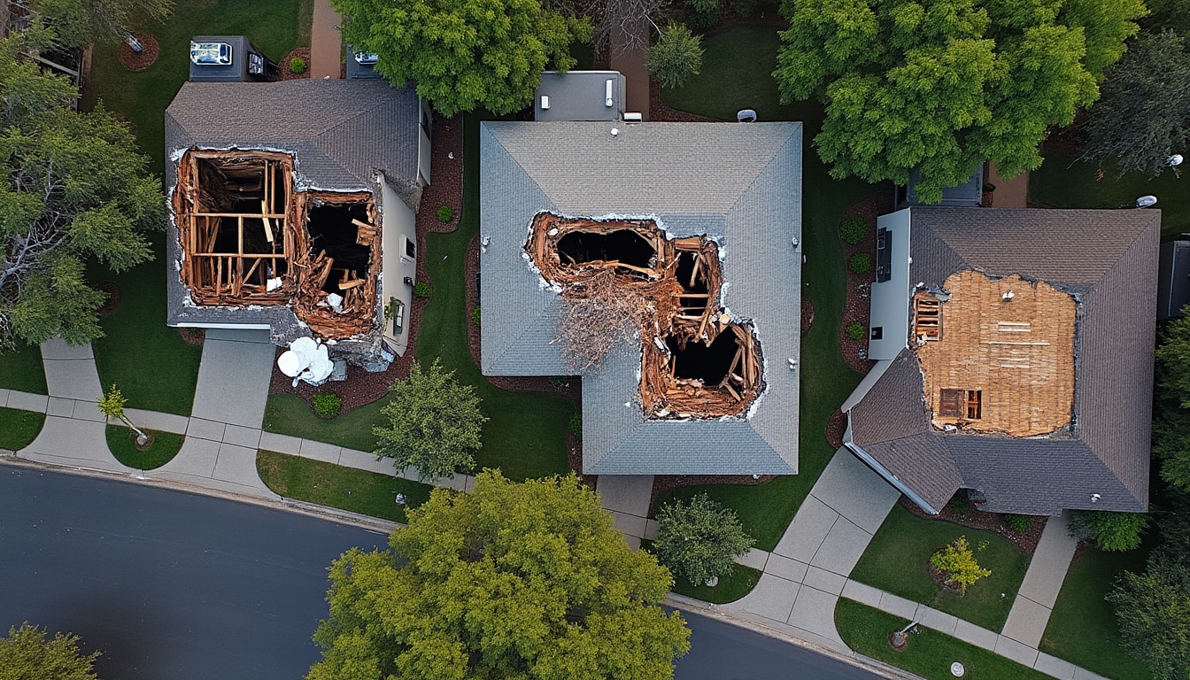 analyse précise des dommages aux toitures suite à une tempête, grâce à l'évaluation financière appuyée par des photos aériennes prises par drone.